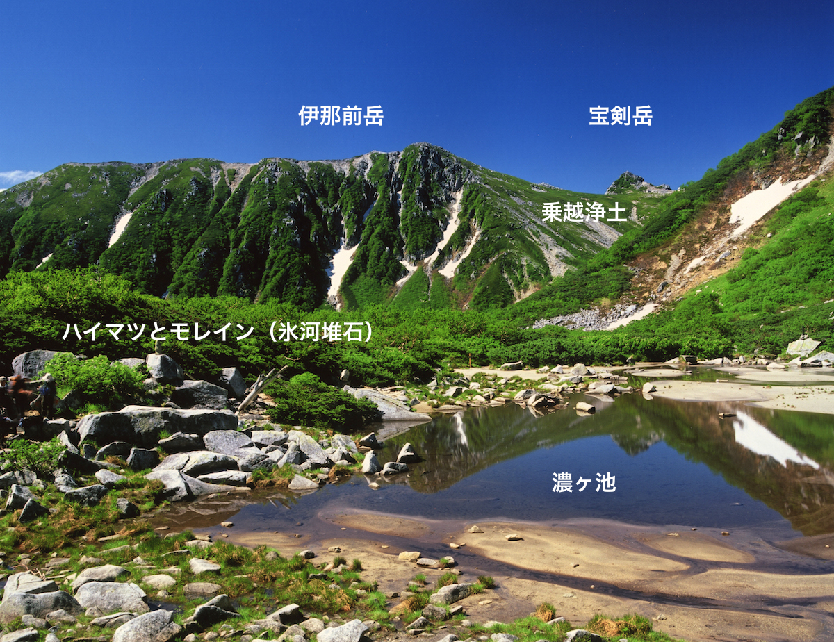 濃ヶ池から眺めた宝剣岳。乗越浄土の向こう側が千畳敷カール